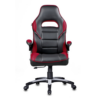 Affordable red and black gaming chair with racing-style design and adjustable headrest.